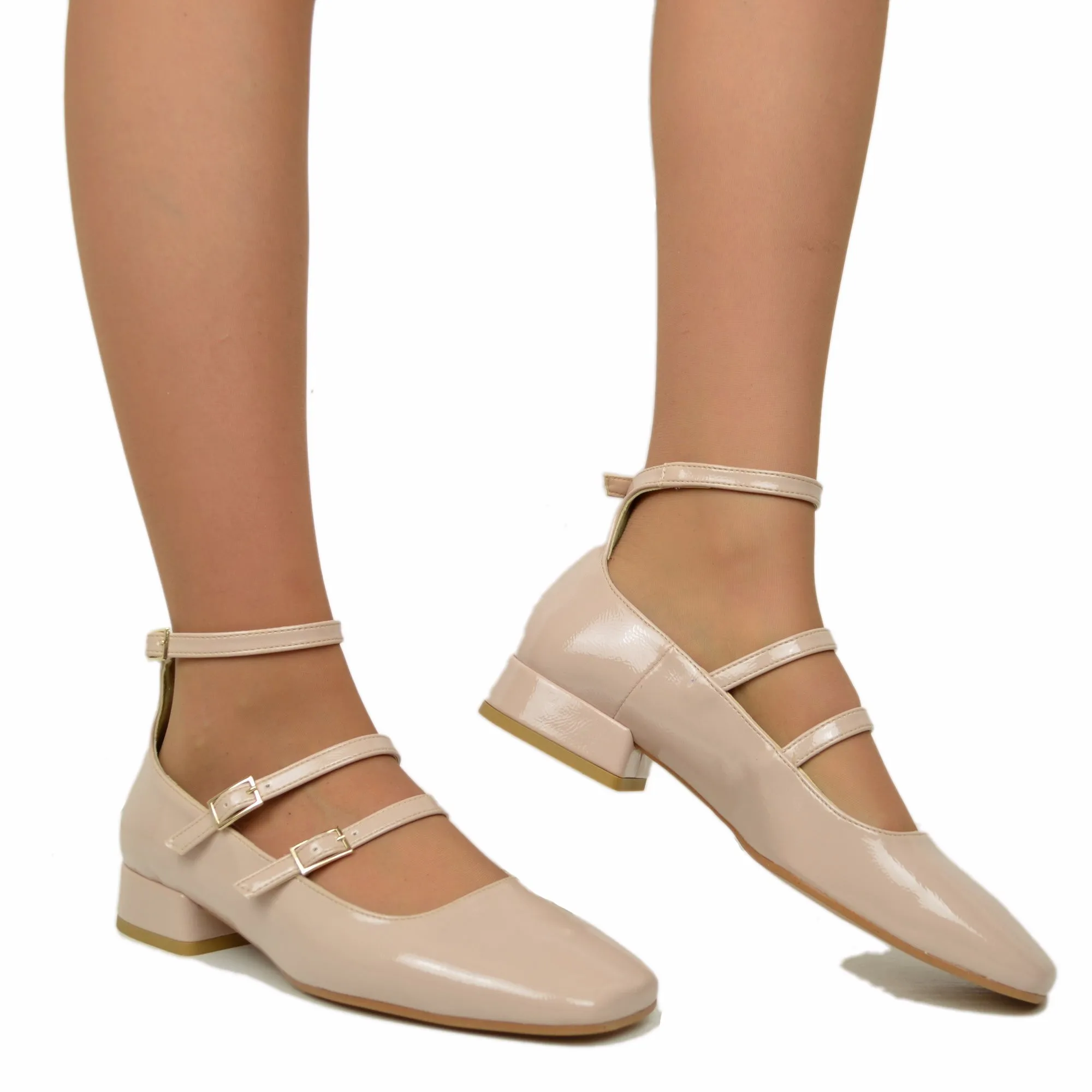 Ballerine Donna Cipria Punta Squadrata Mary Jane Made in Italy
