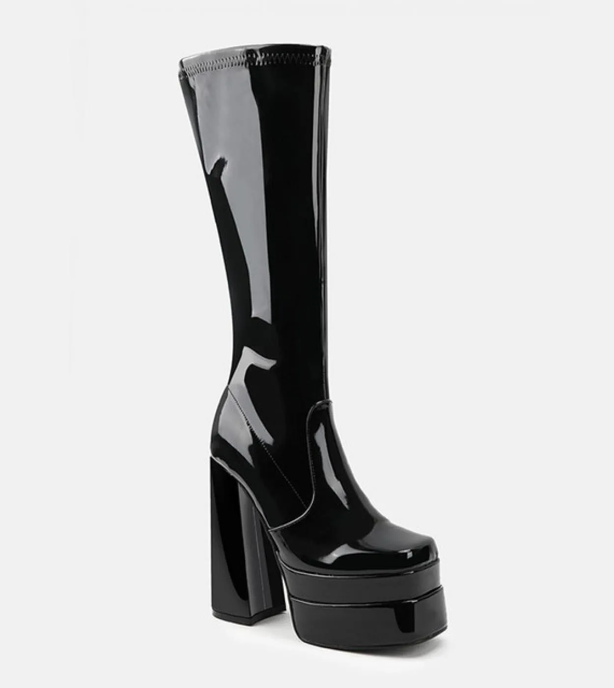 Stivali da moto da donna con zeppa con plateau e tacco ultra alto da 14 cm Stivali alti al ginocchio in pelle verniciata autunno